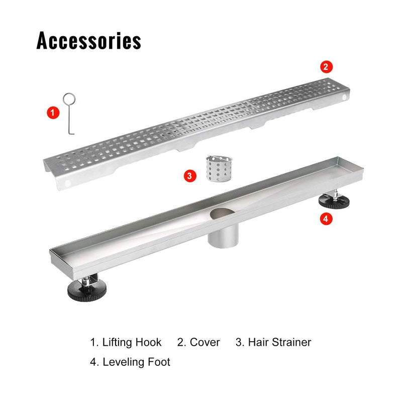 SaniteModar Linear Shower Drain, Linear Drain 32 inch with Removable Square Hole Panel, Brushed 304 Stainless Steel Shower Floor Drain with Adjustable Feet and Hair Catcher - Image 5